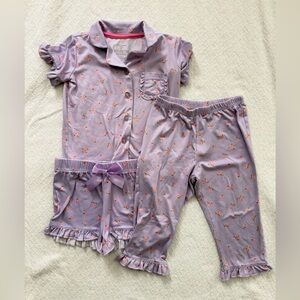 Tahari Lavender Floral Three-Piece Pajama Set Pink Floral Accents and Ruffles
